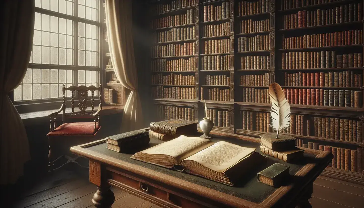 Biblioteca antigua con estanterías de madera oscura llenas de libros, mesa con manuscrito abierto, pluma y tintero, silla de terciopelo rojo y ventana con cortinas crema.