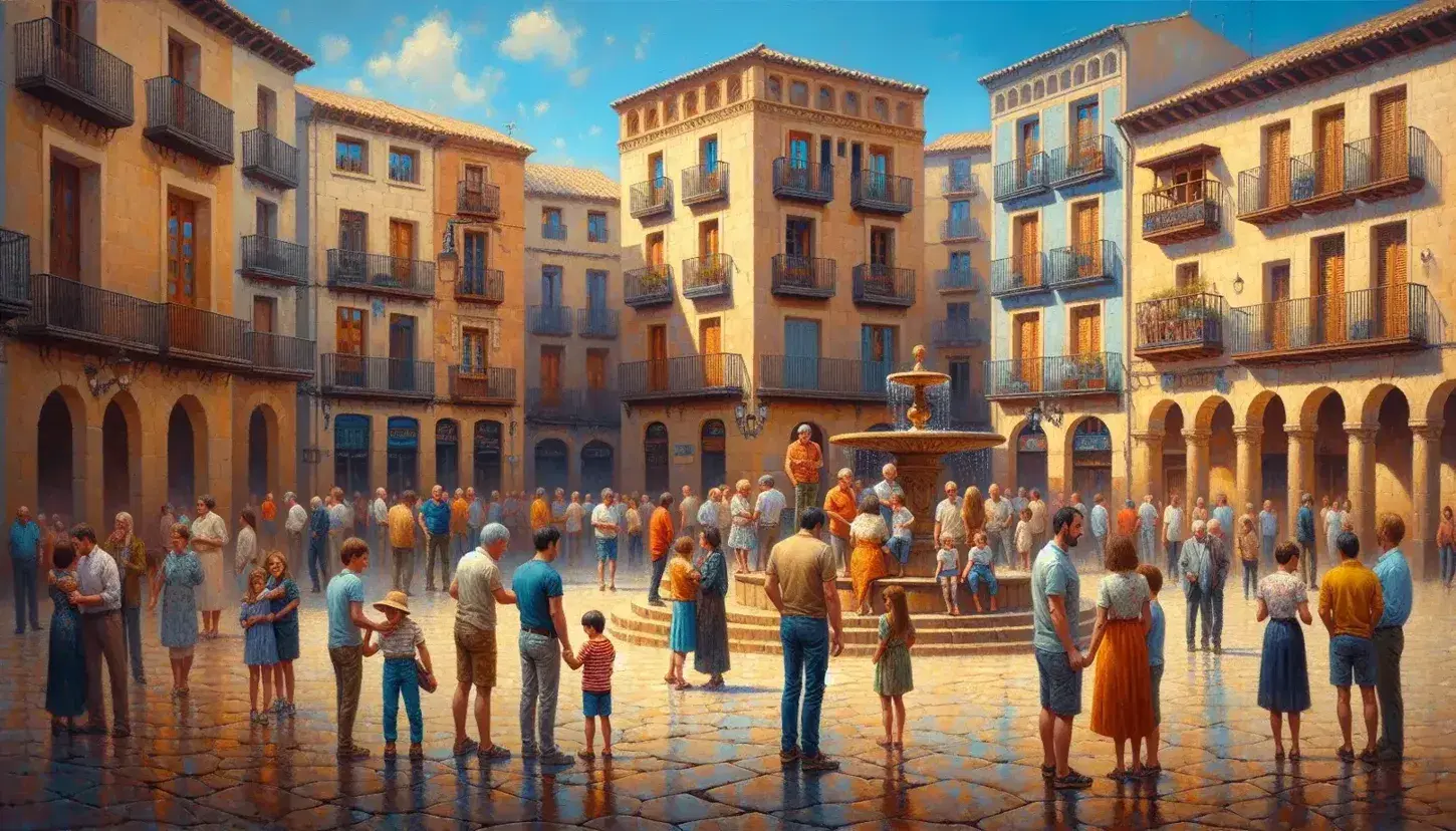 Diverse group mingling in a Spanish-style square with traditional buildings, a cobblestone floor, and a sunlit stone fountain.