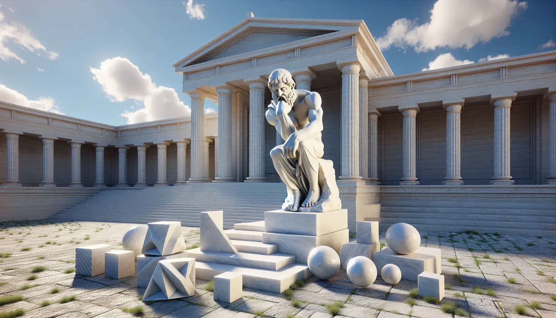 Escultura de mármol blanco de filósofo al estilo de Platón pensativo con barba y papiro, rodeado de formas geométricas y columnas clásicas bajo cielo azul.