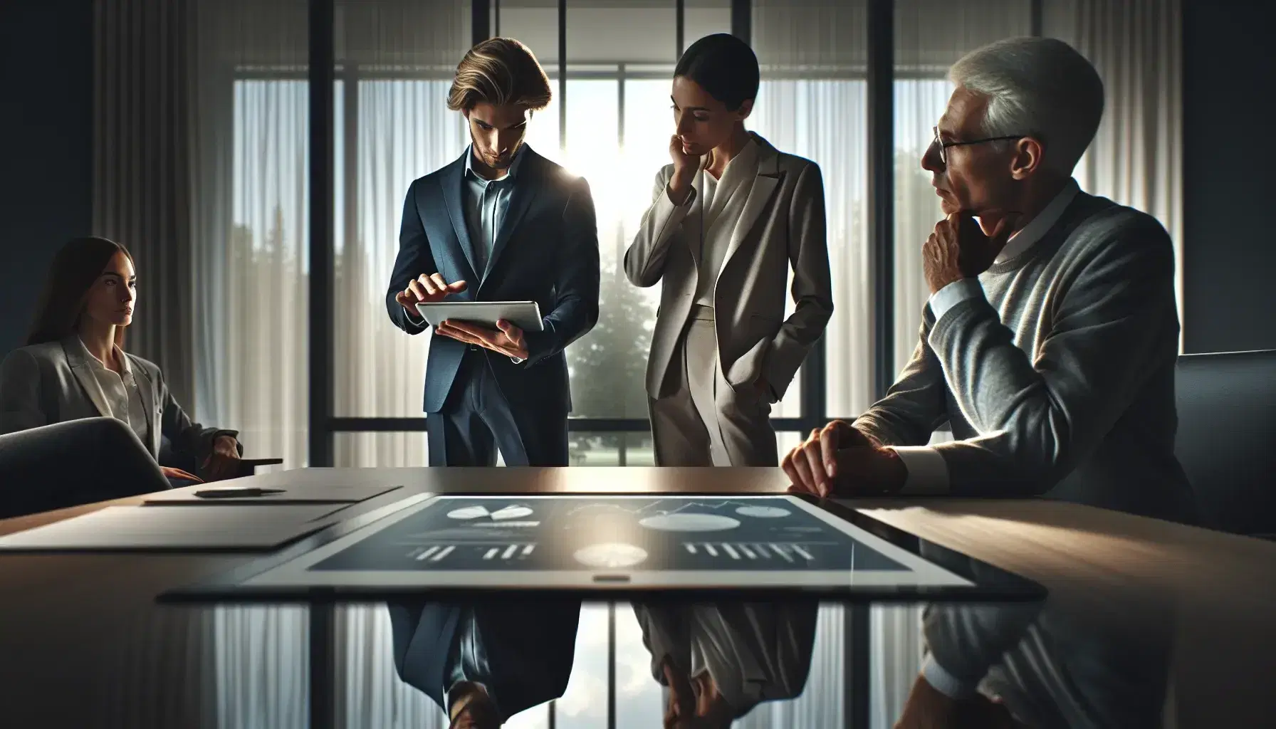 Three professionals in a meeting, one presenting on a tablet to two attentive colleagues seated at a modern glass table in a well-lit room.