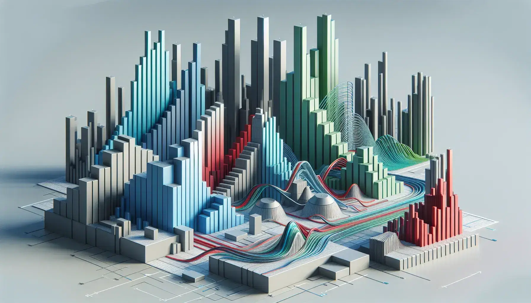 Gráfico tridimensional con barras y líneas en tonos de azul, verde y rojo sobre superficie gris, simulando un paisaje urbano abstracto.