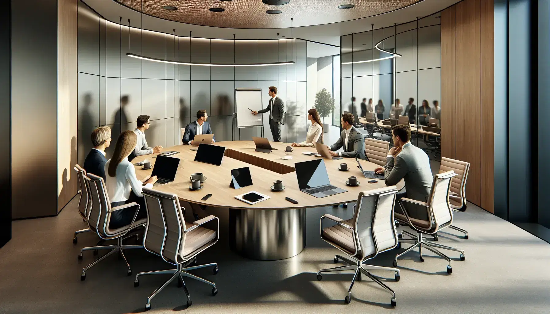 Modern office environment with group of professionals around oval conference table, technological devices on the table, natural and artificial lighting.