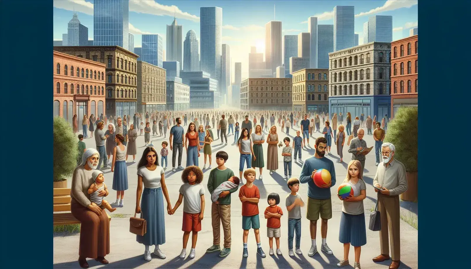 Grupo diverso de personas de diferentes edades en espacio urbano con edificios variados y cielo despejado.