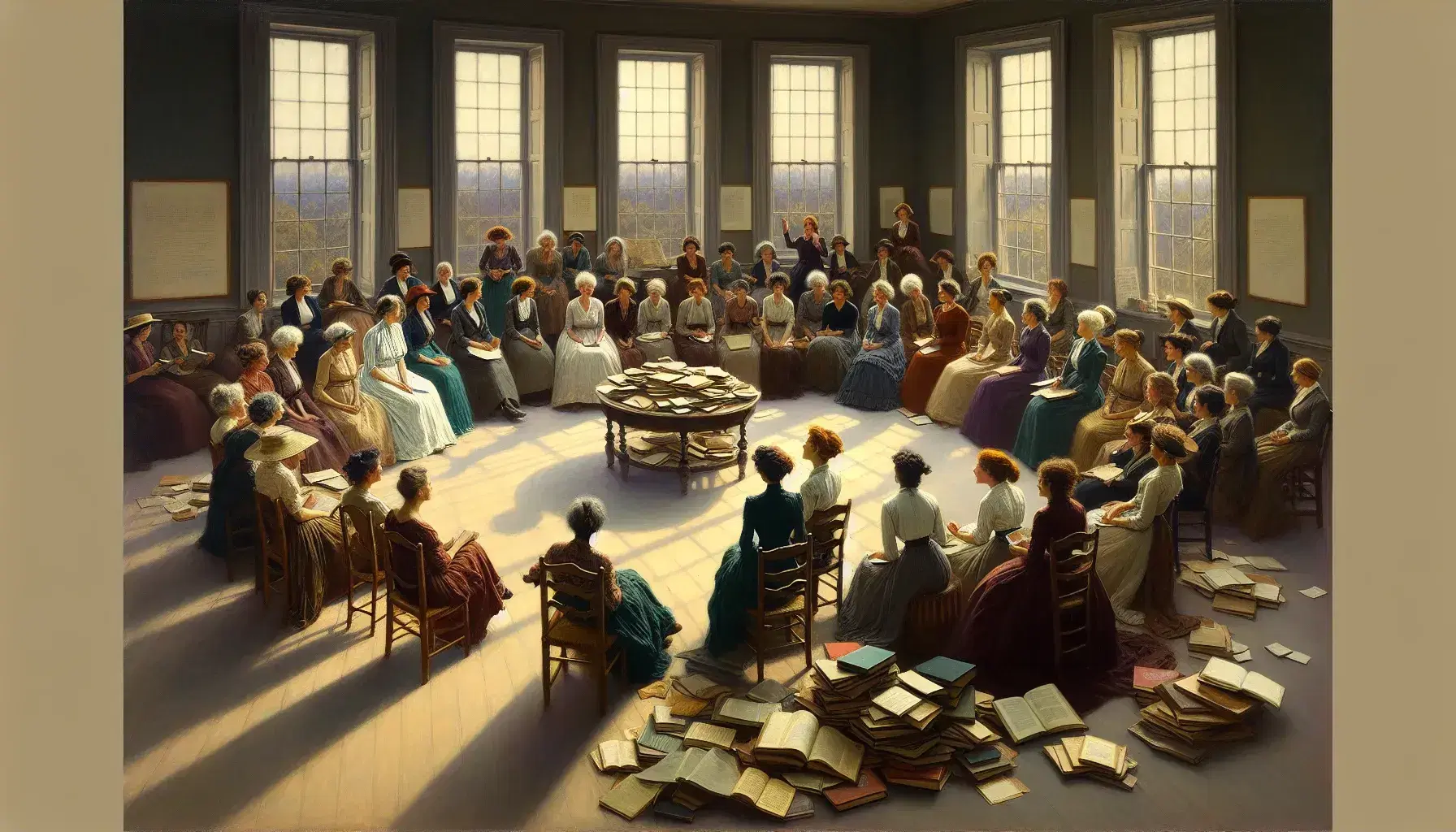 Grupo diverso de mujeres en animada reunión sentadas en círculo con libros y papeles sobre una mesa, en una sala iluminada naturalmente.