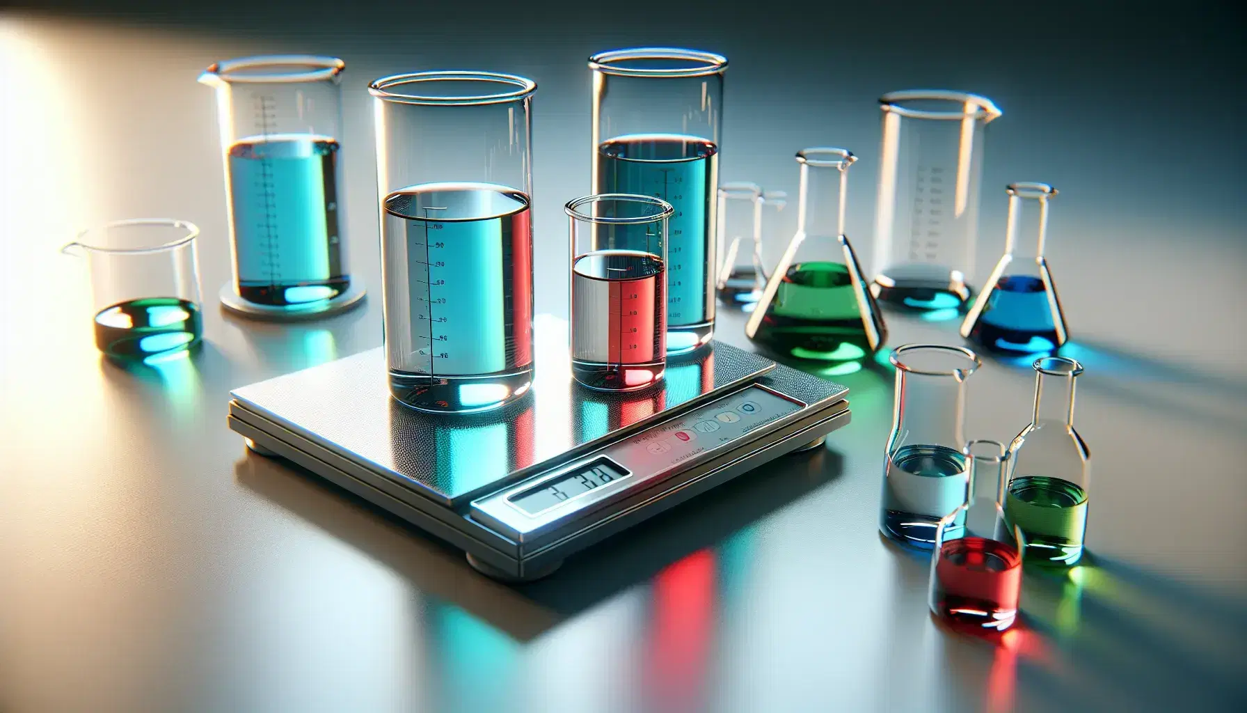 Tre cilindri di vetro con liquidi colorati blu, rosso e verde su superficie neutra accanto a bilancia da laboratorio, sfondo con becher.