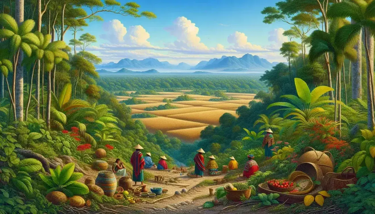 Paisaje natural latinoamericano con vegetación tropical, indígenas en atuendos tradicionales y montañas al fondo bajo cielo azul.