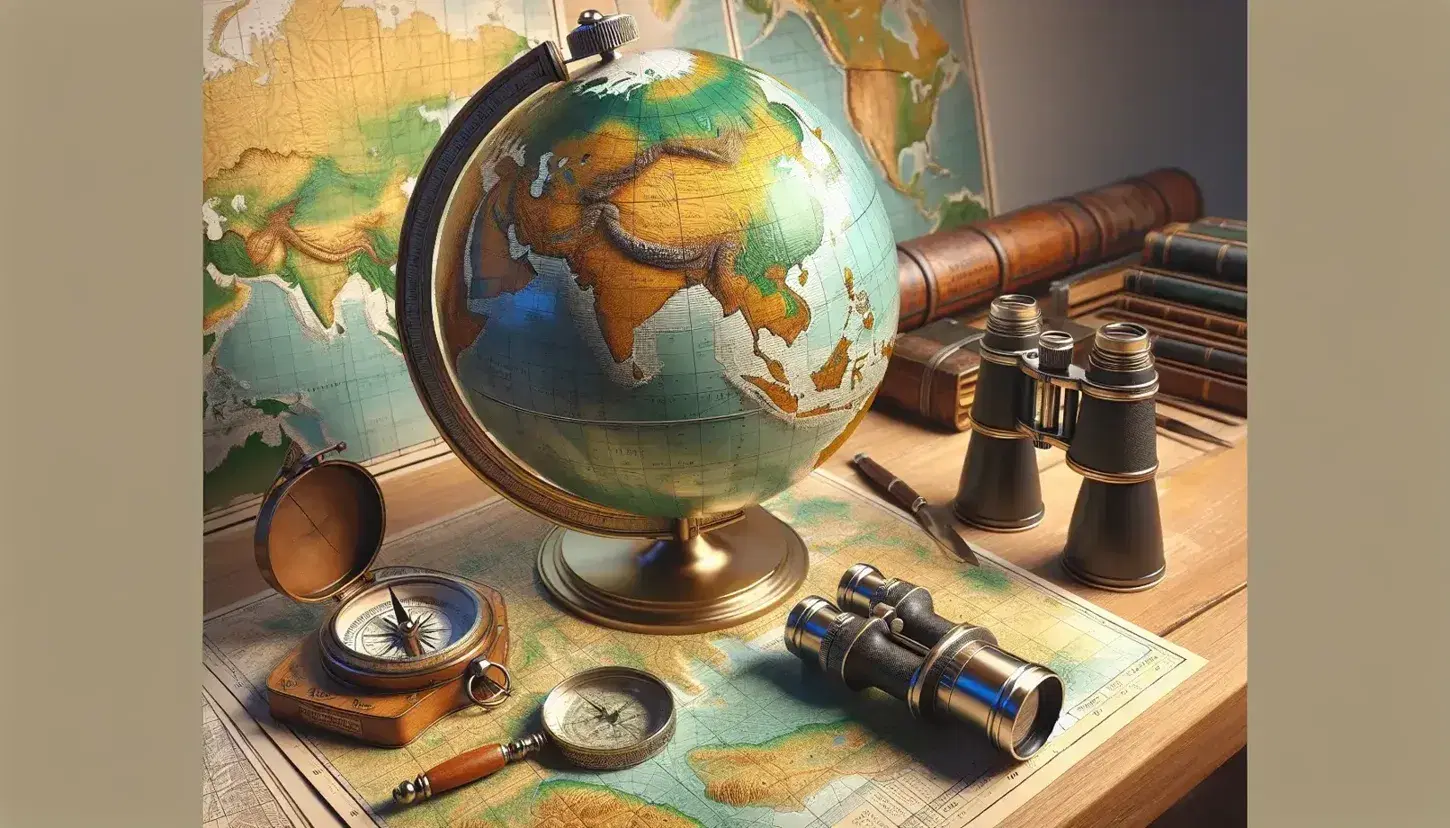 Mesa de madera clara con globo terráqueo, brújula antigua, binoculares negros, mapa topográfico y lupa, en una composición de cartografía iluminada naturalmente.