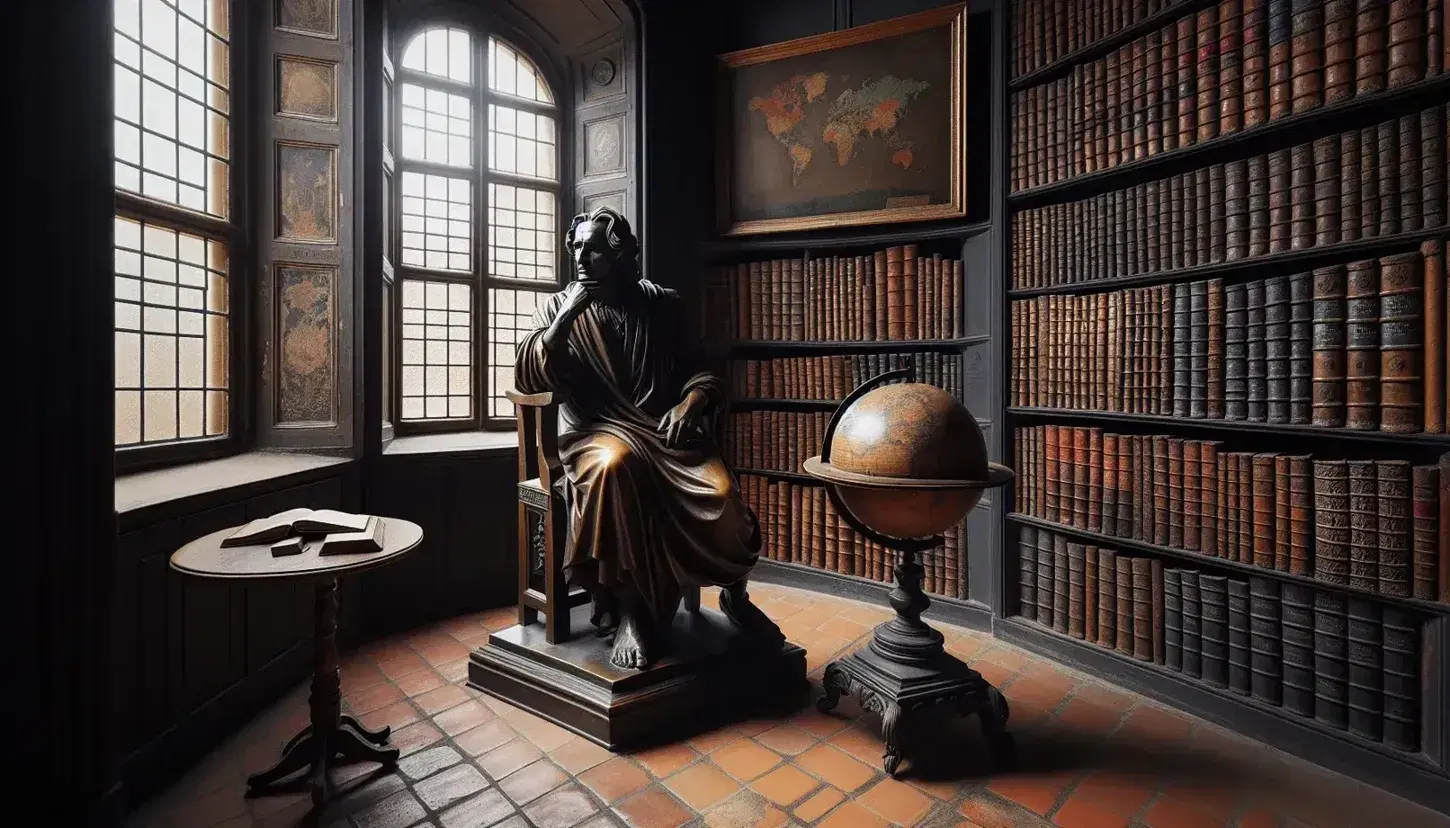 Estatua de bronce de filósofo en pose pensativa, sentado en silla de madera en biblioteca antigua con estantes llenos de libros encuadernados y globo terráqueo.