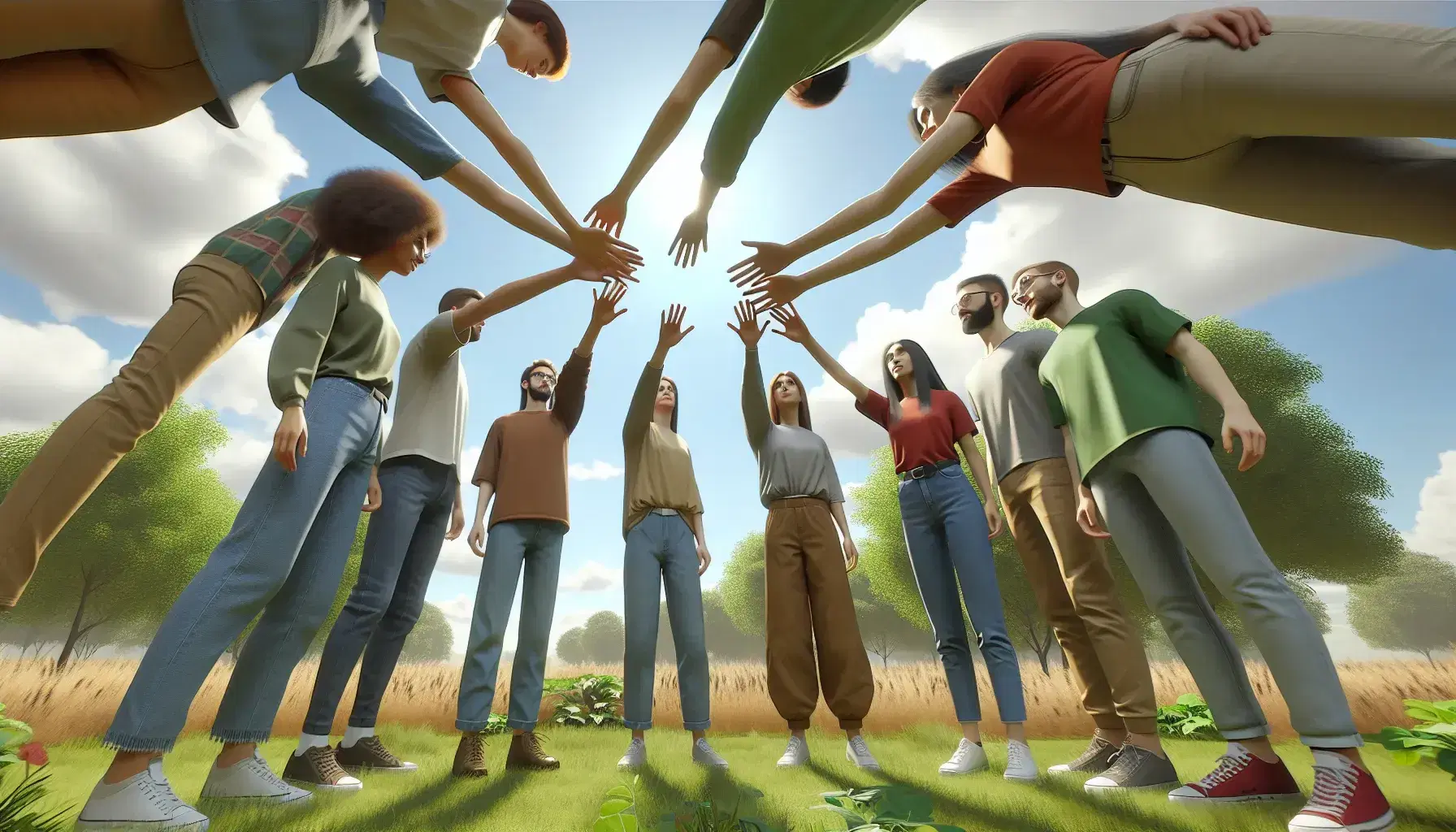 Grupo de cinco personas de diversas edades y géneros con las manos unidas en gesto de unidad en un parque, bajo un cielo azul con nubes dispersas.