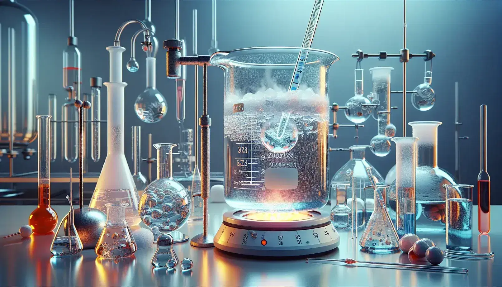 Laboratorio scientifico con strumenti per studiare le proprietà colligative, becher con termometro, bruciatore, contenitore termico e provette colorate.