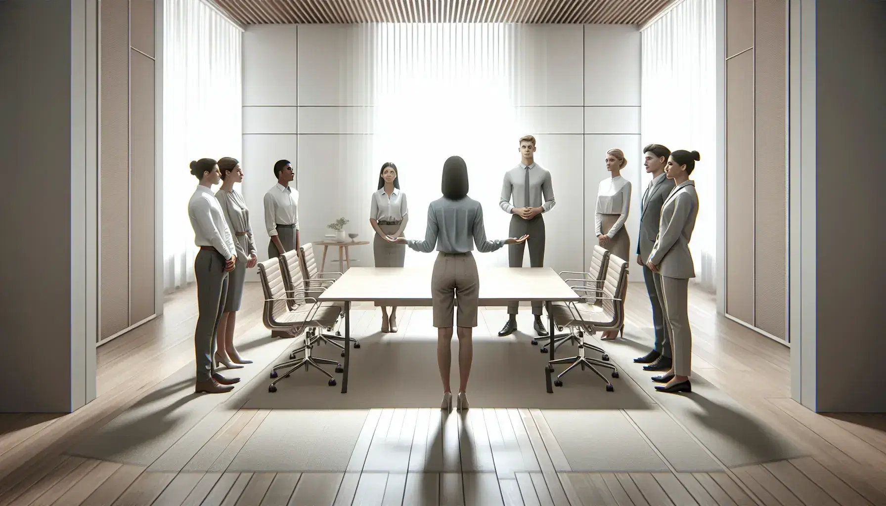 Grupo de cinco profesionales en oficina moderna durante reunión, con una persona liderando la conversación y gestos de comunicación activa.