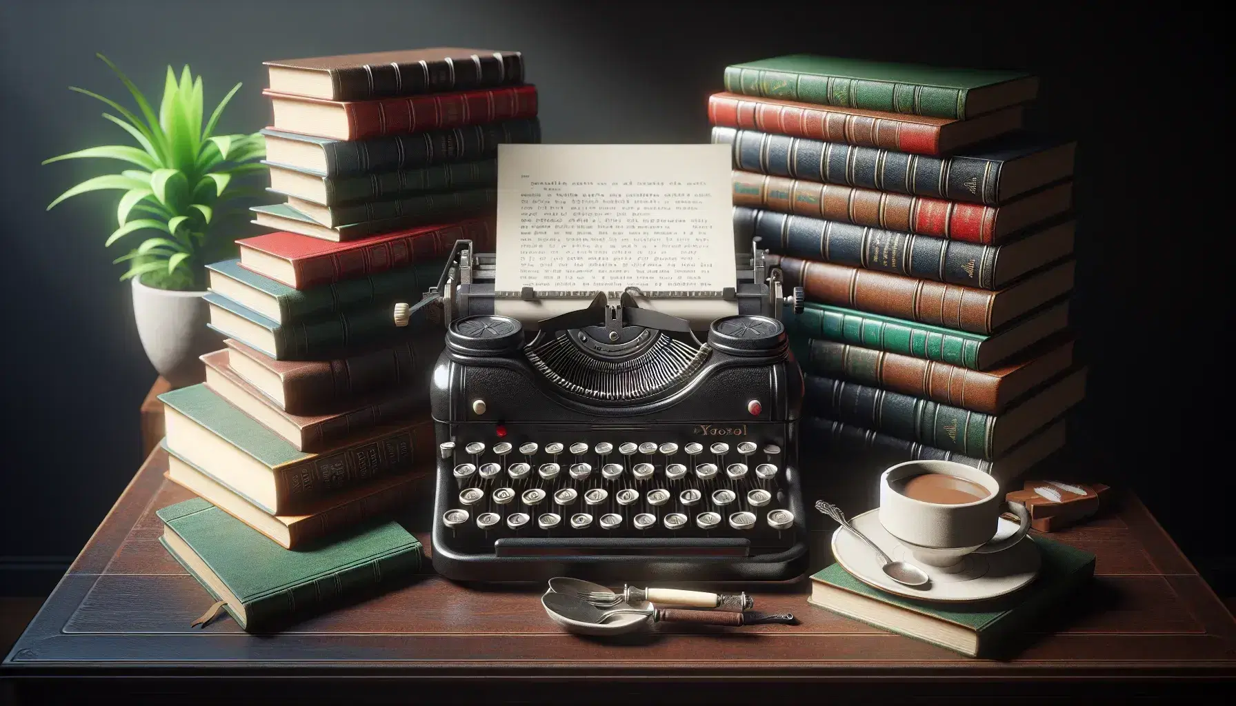 Vecchia macchina da scrivere nera con tasti avorio su scrivania in legno scuro, accanto pile di libri colorati e tazza di caffè, luce naturale.