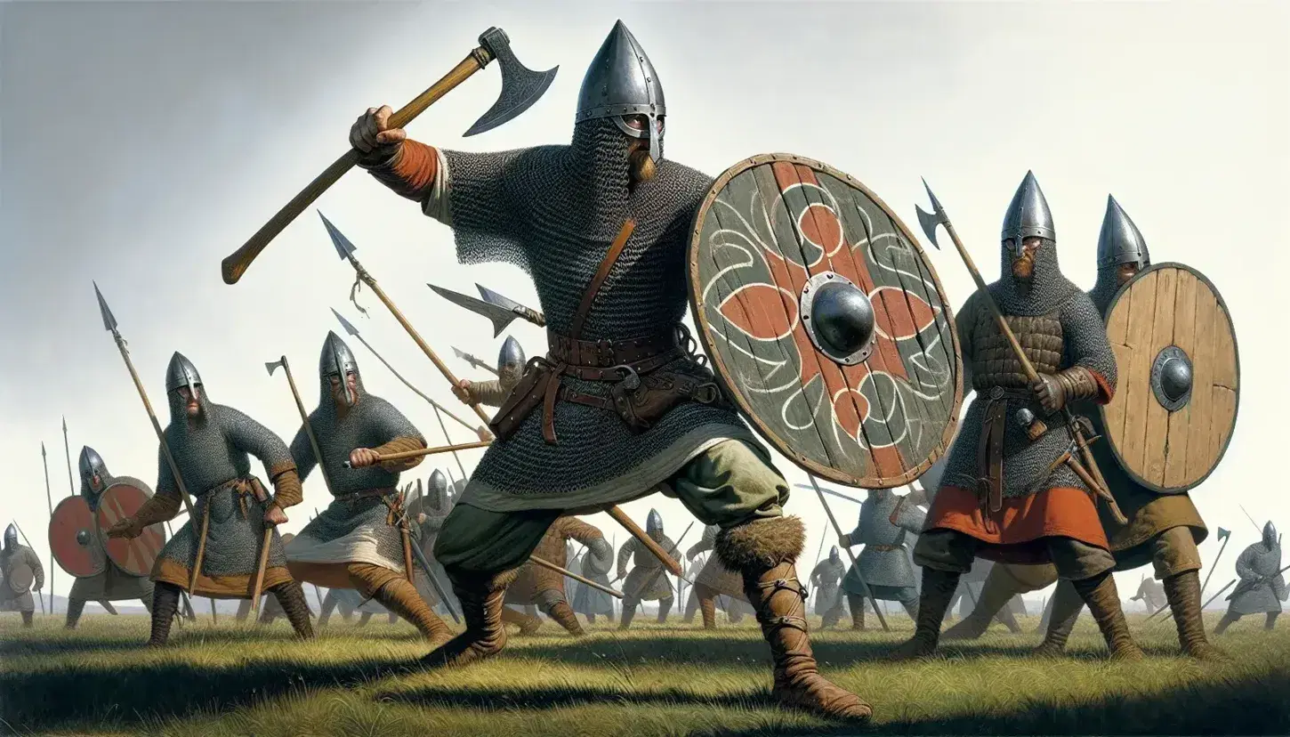 Viking warriors in battle with swords, axes, and shields on a grassy field under a clear blue sky, showcasing combat strategy.
