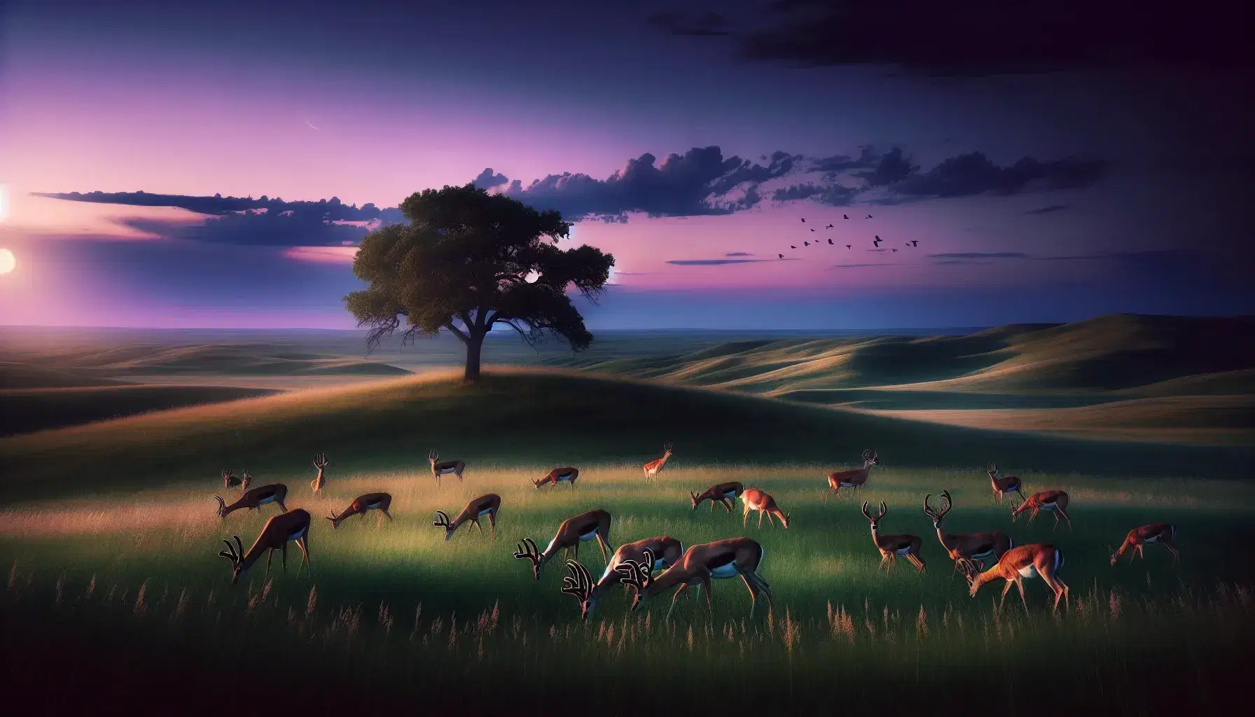 Twilight descends on a serene prairie with grazing antelope, lush greenery, and a solitary oak tree against a lavender to indigo sky.
