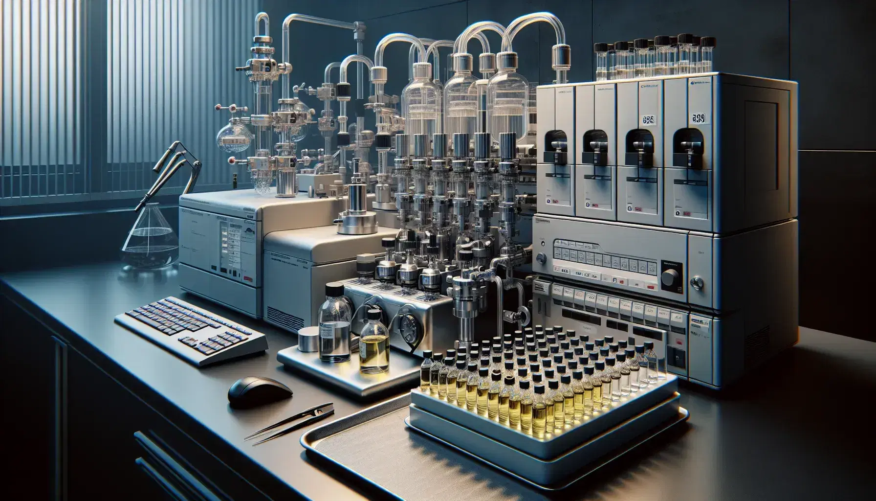 Modern laboratory with HPLC system, IR spectrometer, distillation hood, analytical balance and colorful reagent bottles.