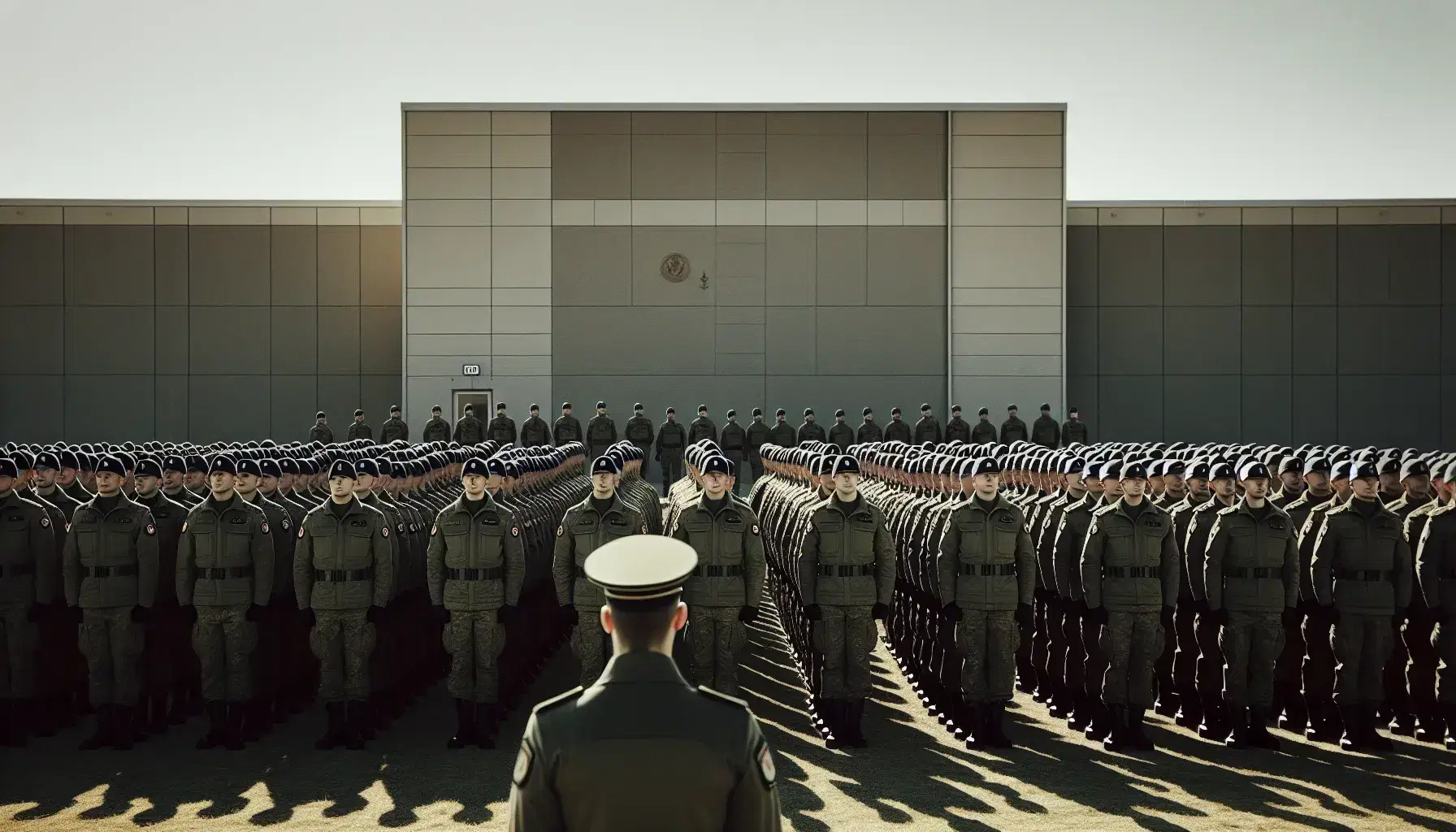 Personal militar en formación con uniformes verdes y cascos alineados en una base bajo un cielo despejado.