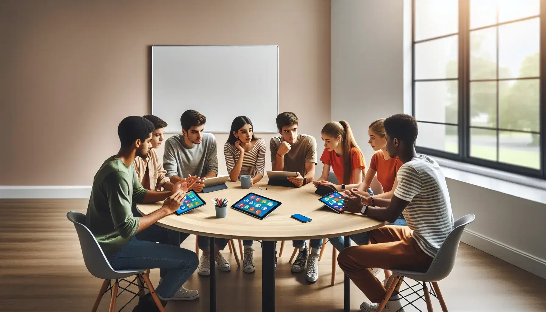 Grupo de estudiantes diversos interactuando y utilizando dispositivos electrónicos en una mesa redonda de madera en un ambiente iluminado naturalmente.