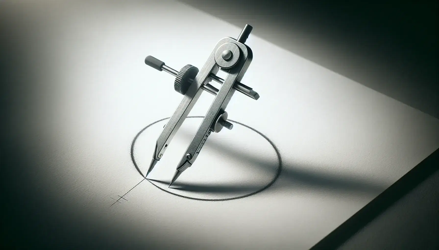 Close-up view of a metallic compass with open legs drawing a perfect circle on a smooth white paper, reflecting soft light.