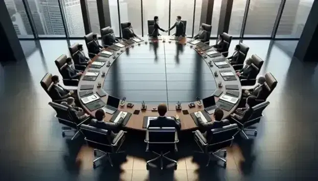 Two professionals in suits shaking hands over a polished boardroom table with digital tablets, in a modern office with a city view.