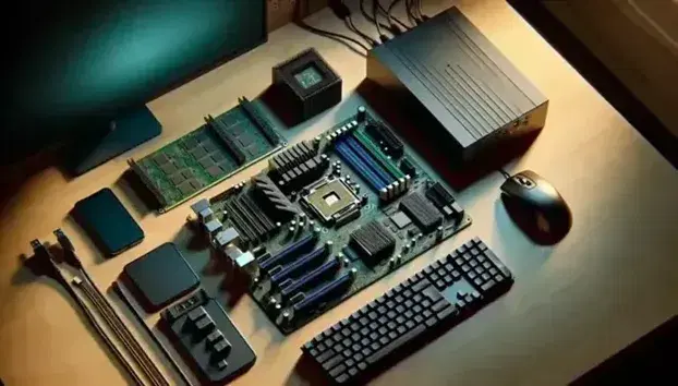 Espacio de trabajo con componentes de computadora, incluyendo placa base verde, módulo de RAM azul, CPU metálico, teclado y ratón negros, monitor apagado, router con antenas y smartphone.
