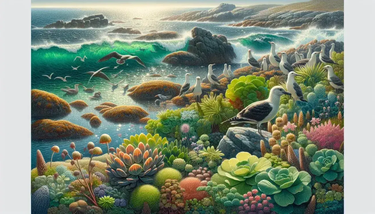 Costa rocciosa con flora costiera, uccelli marini su scoglio, balena in lontananza, fondale marino visibile con pesci e stelle marine.