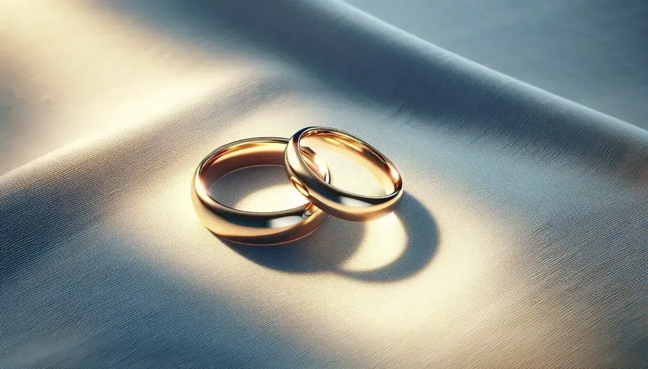 Anillos entrelazados de metal dorado sobre fondo de tela azul pastel, reflejando suavemente la luz y destacando su diseño simple y pulido.