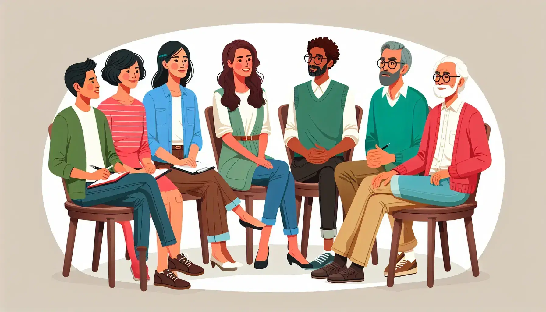 Eight different people sitting in a semi-circle actively discussing. Asian, Middle Eastern, African, Hispanic, Caucasian, South Asian, Indigenous and Polynesian in casual clothing.