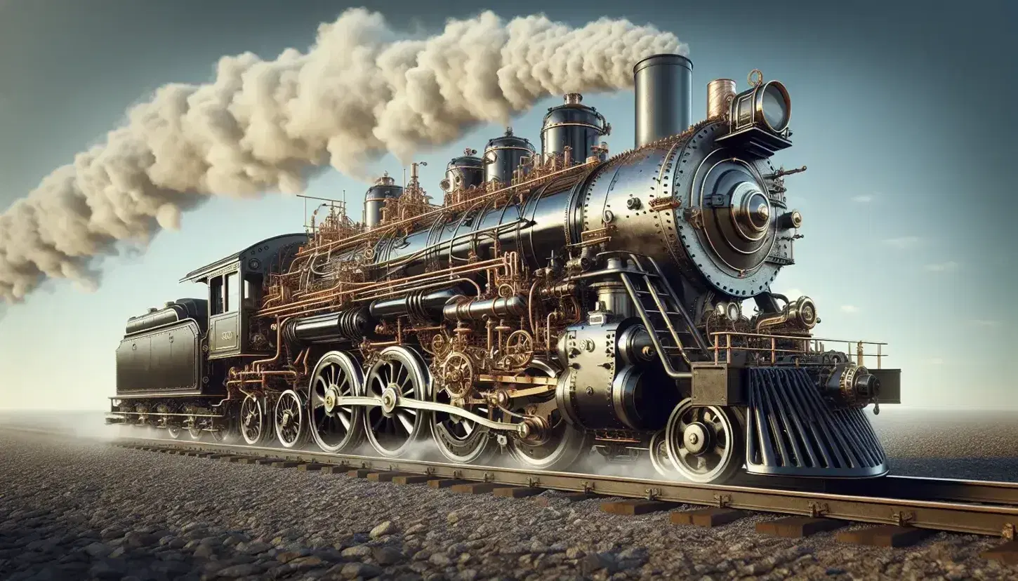 Locomotiva a vapore antica in funzione, verniciata di nero con dettagli metallici, emette vapore dal camino su sfondo cielo azzurro.