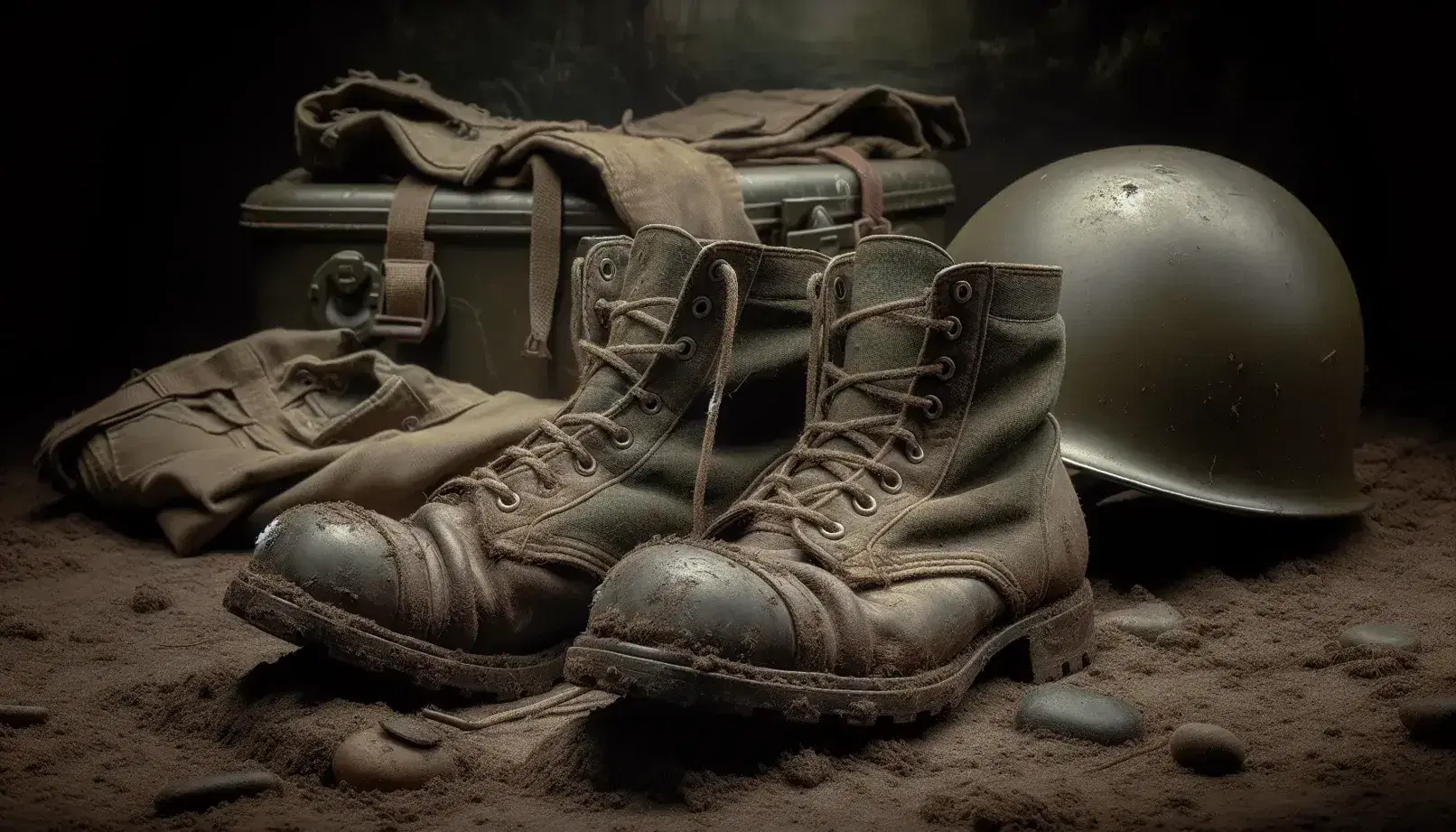 Worn combat boots and dented army helmet on dusty ground with military canteen, against a blurred jungle foliage backdrop, evoking a somber military scene.