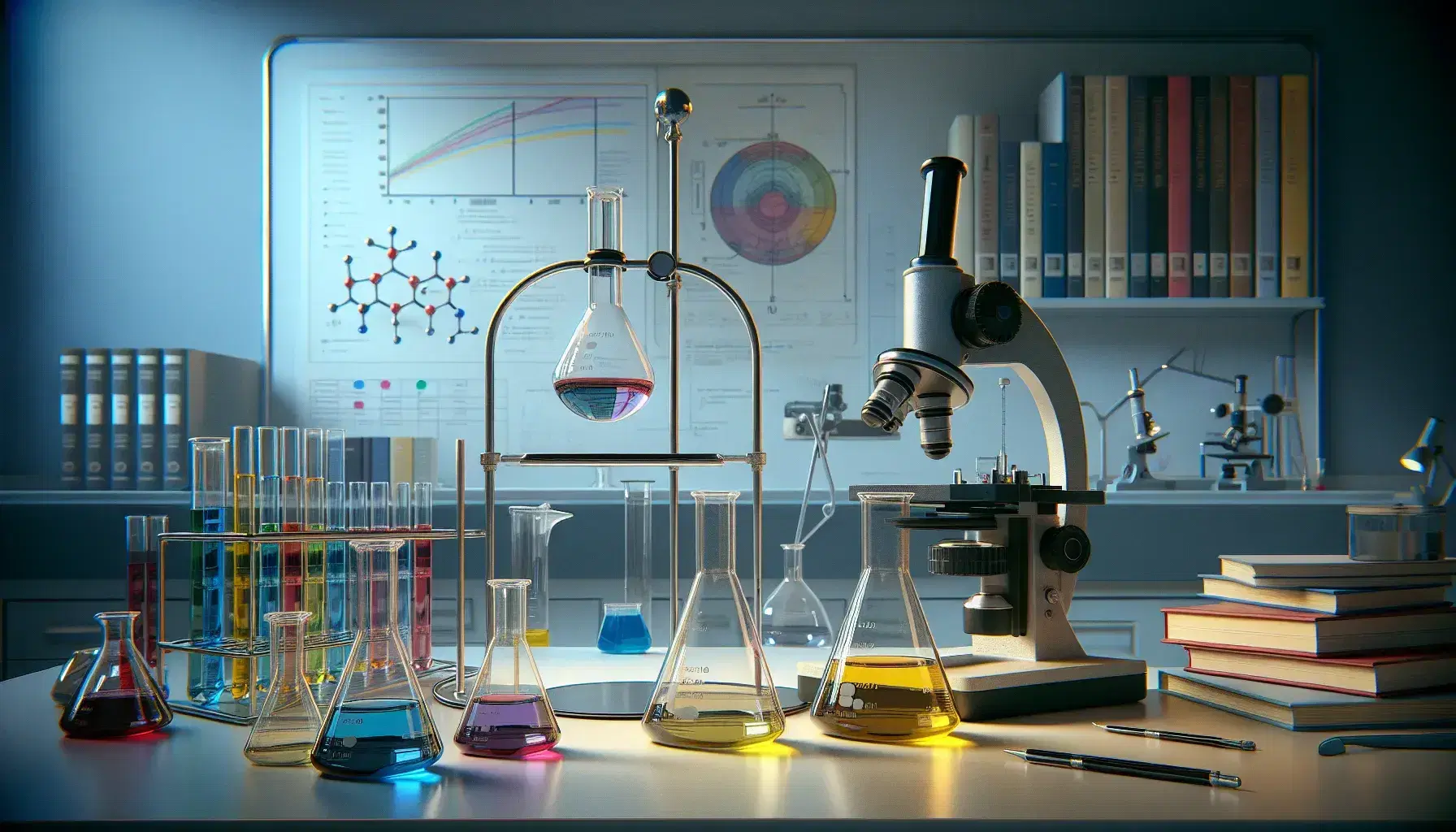 Laboratorio científico con mesa de trabajo, Erlenmeyers con soluciones de colores, embudo de separación y microscopio, fondo con pizarra y estantería de libros.