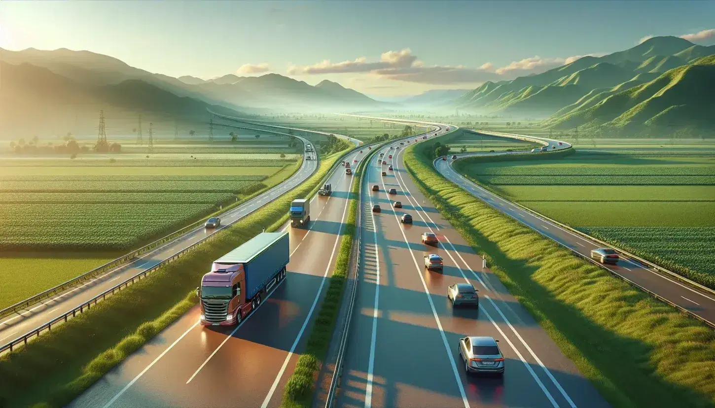 Carretera asfaltada de dos carriles serpenteando entre campos verdes con vehículos en movimiento, un camión rojo y un autobús azul, bajo un cielo azul con montañas al fondo.