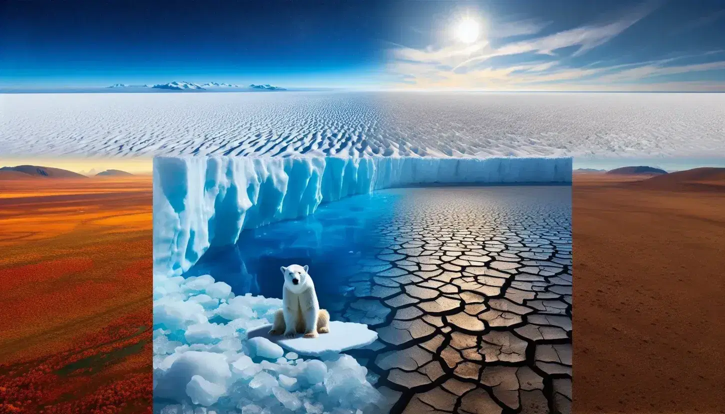 Paesaggio diviso tra ghiacciaio luminoso con cielo azzurro sopra e terra arida con orso polare al centro, simbolo degli effetti del riscaldamento globale.