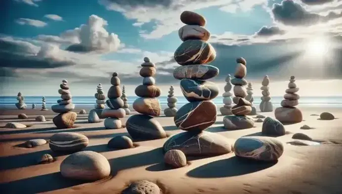 Torre di pietre equilibrate su spiaggia sabbiosa con mare calmo e cielo azzurro con nuvole sparse in luce pomeridiana.