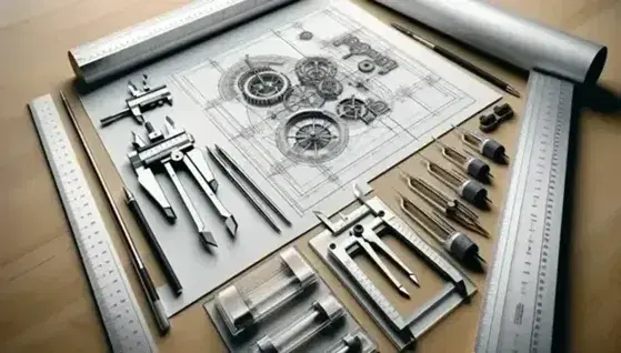 Strumenti di disegno tecnico e proiezioni ortogonali di un oggetto meccanico su carta, con righello, compasso e squadre trasparenti su tavolo chiaro.