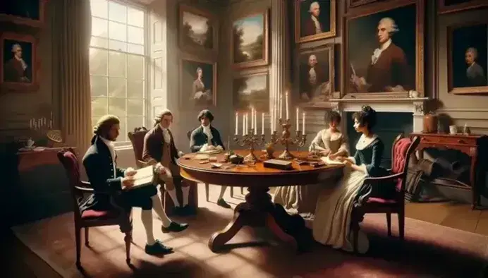 Enlightenment-era salon with a round table, open book, quill, and candle, four people in period attire engaged in intellectual conversation.