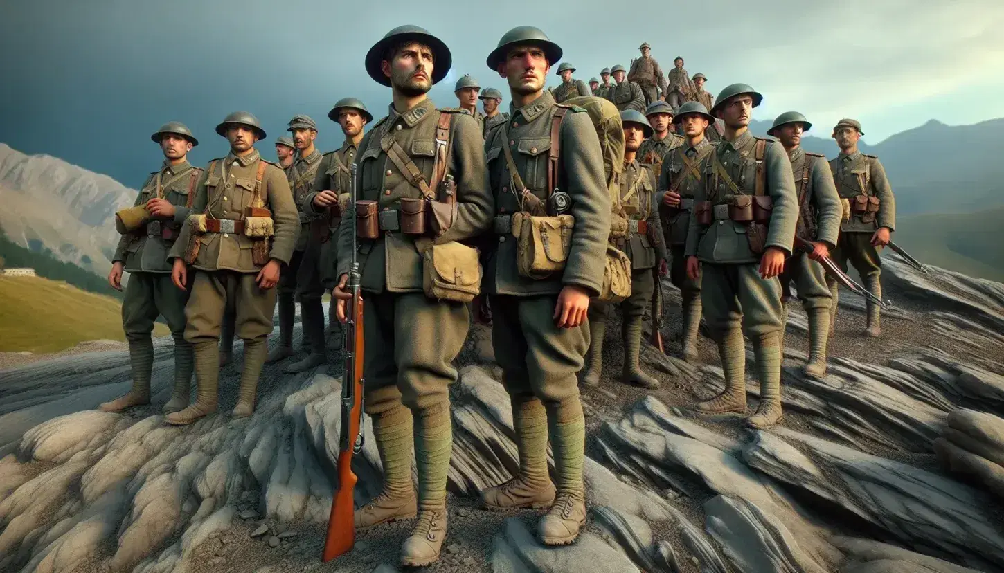 Soldati italiani in uniforme della Prima Guerra Mondiale su terreno montuoso, armati e attenti, sotto un cielo pomeridiano.