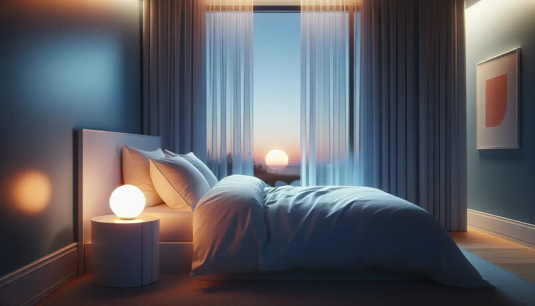Serene bedroom at dusk with a made bed, white bedspread, spherical lamp lit, blue wall, window with curtains and shaded sky.