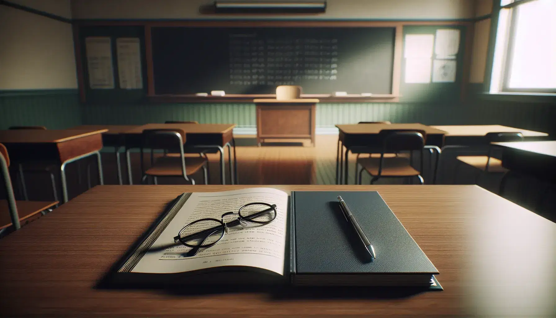 Classroom scene with teacher's desk featuring an open textbook and black-rimmed glasses, a clean chalkboard, and a student desk with a notebook and silver pen.
