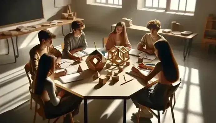 Estudiantes adolescentes colaborando en clase, sentados alrededor de una mesa hexagonal con bloques geométricos de madera y cuadernos abiertos.
