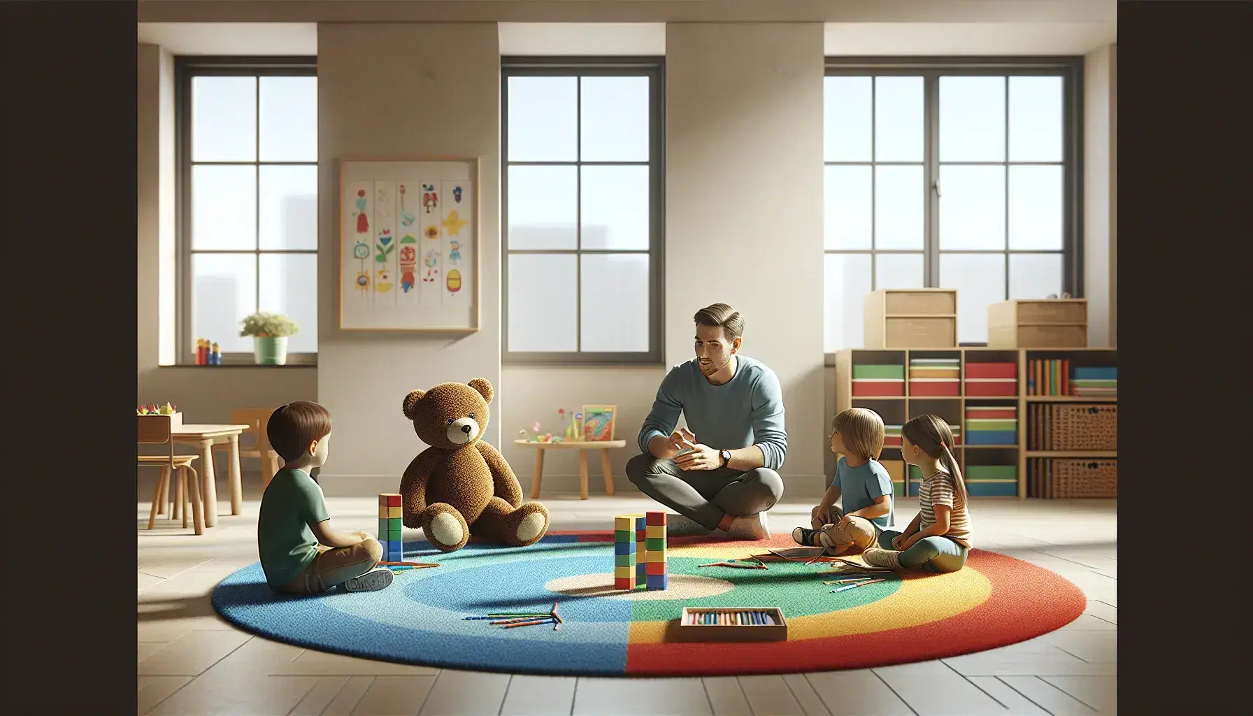 Adulto y tres niños participan en actividades educativas en un aula luminosa con alfombra colorida, juguetes y estanterías con libros.