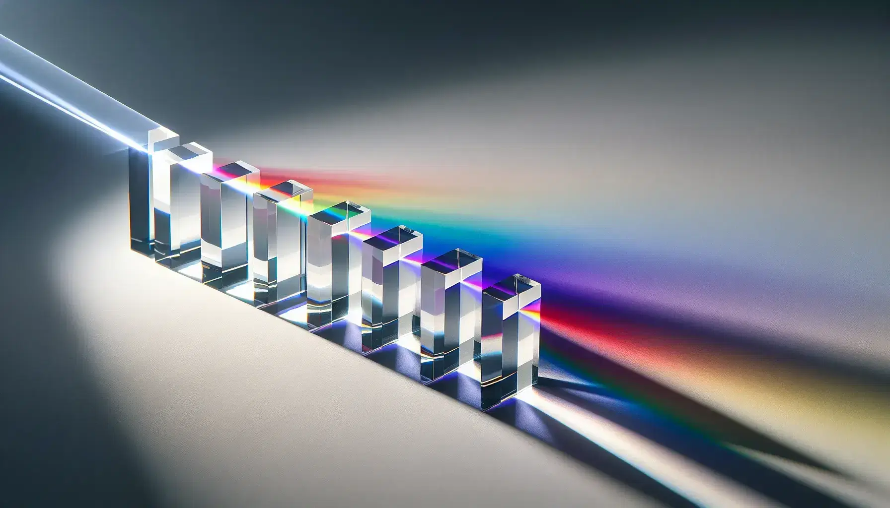 Row of glass prisms on a white surface with a white light beam refracting into a spectrum of colors from red to violet against a gray background.