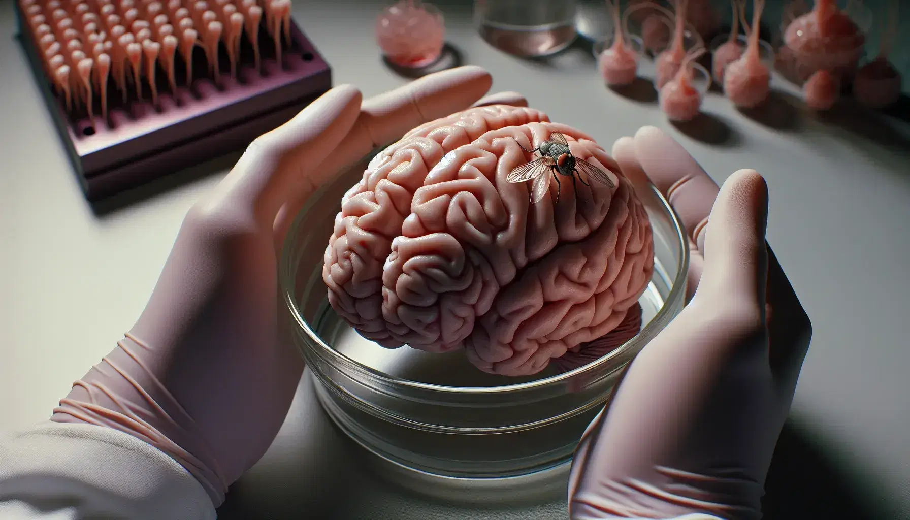 Detailed model of the human brain with visible cerebral cortex and cerebellum, and a Drosophila melanogaster in the foreground.
