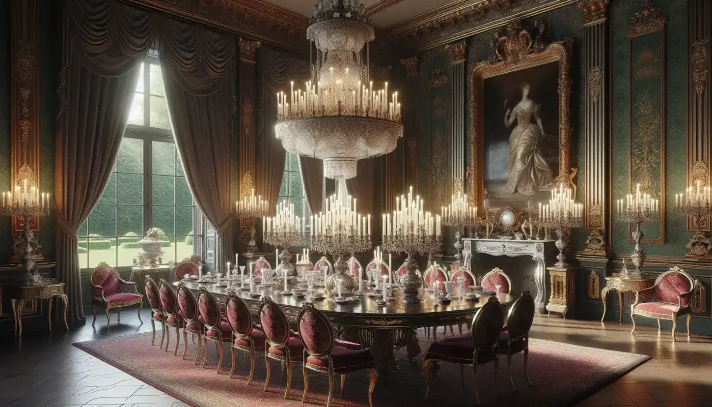 Sala nobiliare ottocentesca con tavolo ovale in legno scuro e sedie rosse, candelabro d'argento, specchi dorati, statue marmoree e tappeto persiano.