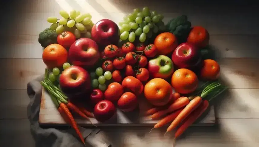 Variedad de frutas y verduras frescas sobre superficie de madera clara, con manzanas rojas, uvas verdes, naranjas, zanahorias y tomates rojos iluminados naturalmente.