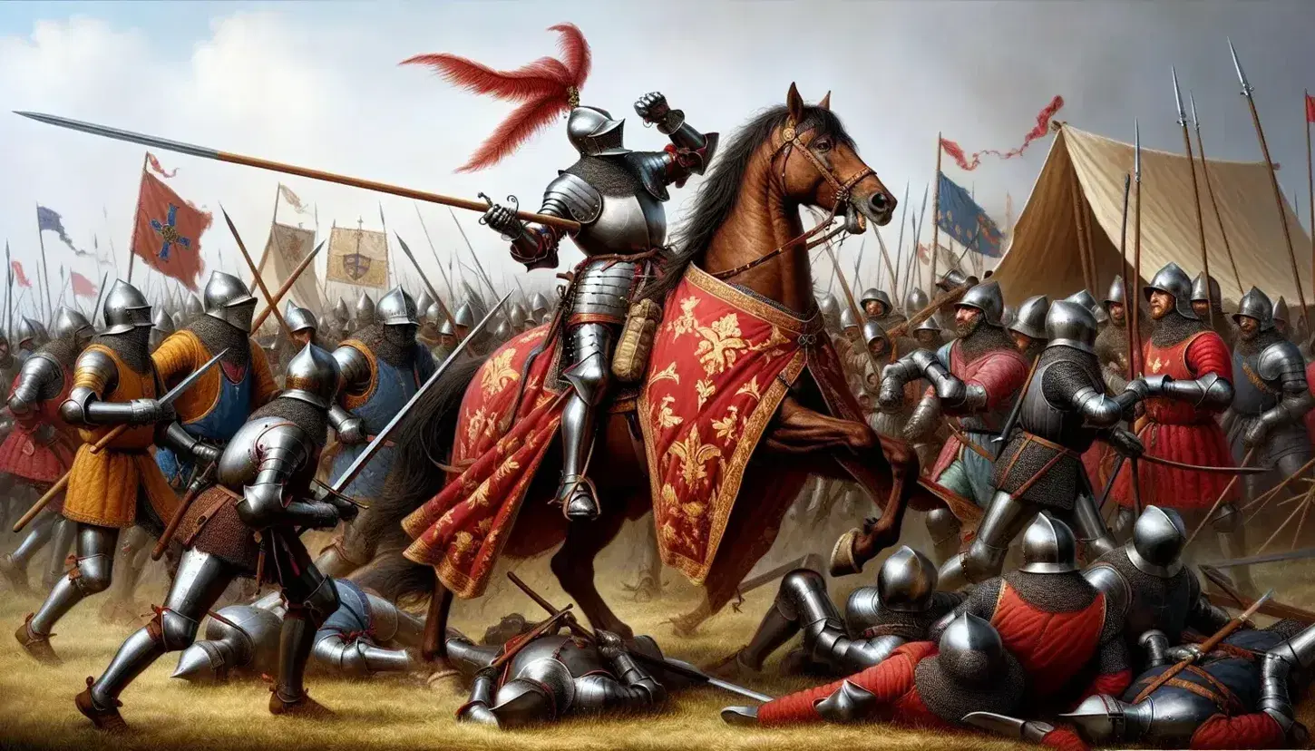 Scena di battaglia rinascimentale con cavaliere in armatura su cavallo bardato, soldati armati e tende sullo sfondo sotto cielo nuvoloso.