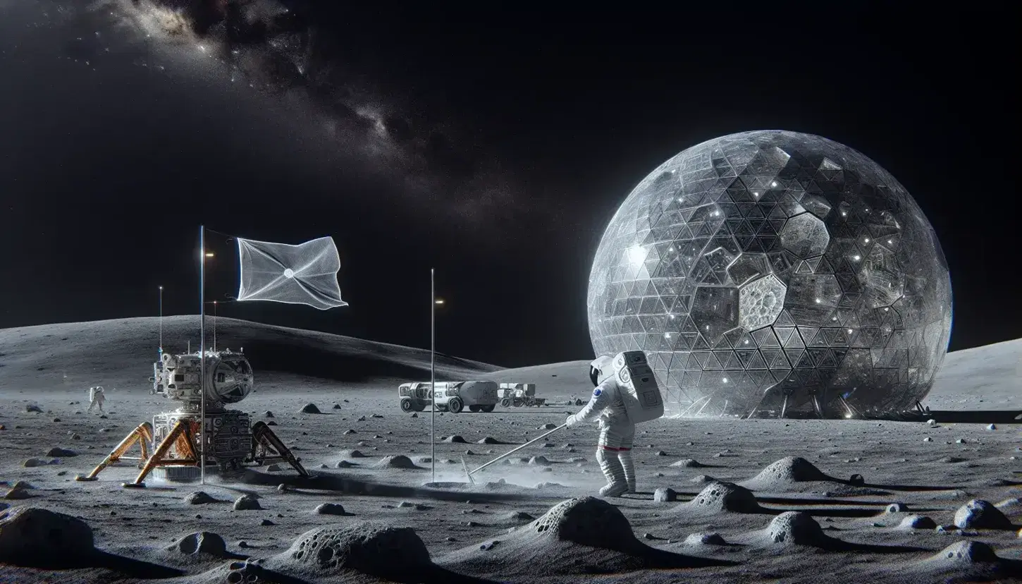 Astronauta pianta bandiera neutra sulla Luna, habitat sferico e rover lunare visibili, paesaggio lunare craterizzato in sfondo.
