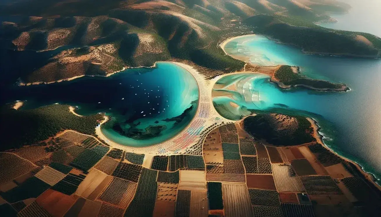 Vista aerea di una costa mediterranea con baia dalle acque cristalline, spiaggia sabbiosa, vegetazione rigogliosa, ombrelloni colorati e colline coltivate.
