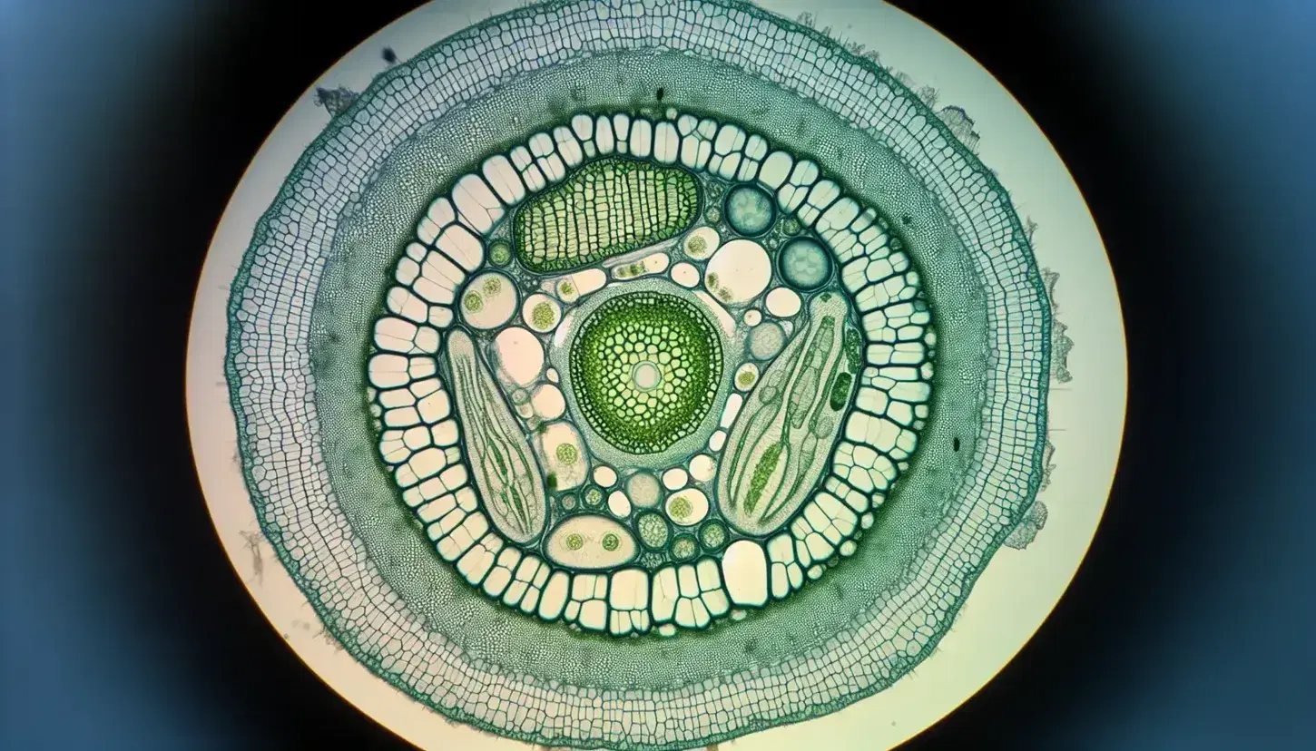 Corte transversal microscópico de tallo de planta en crecimiento mostrando meristema apical, tejidos diferenciados, tejido vascular, parénquima cortical y epidermis con estomas.