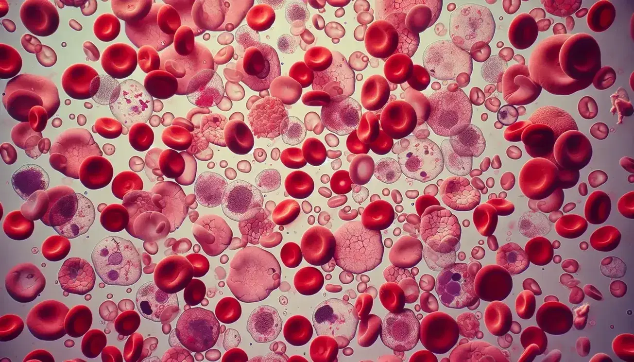 Vista microscópica de sangre humana mostrando eritrocitos biconcavos, leucocitos nucleados y plaquetas sin forma definida.
