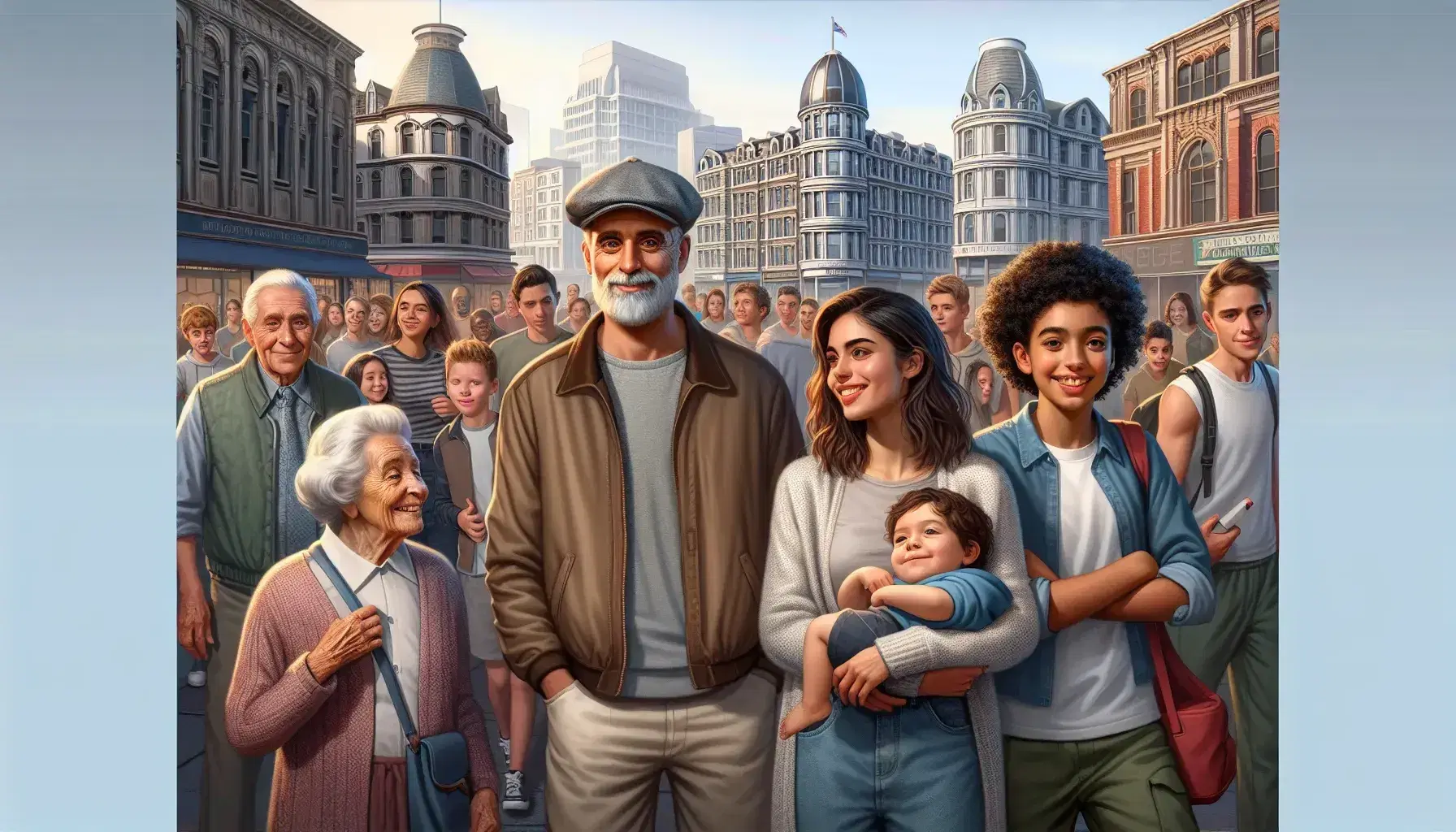 Diverse group of people enjoying a sunny day in a bustling city square, with a woman holding a child and teens with a soccer ball.
